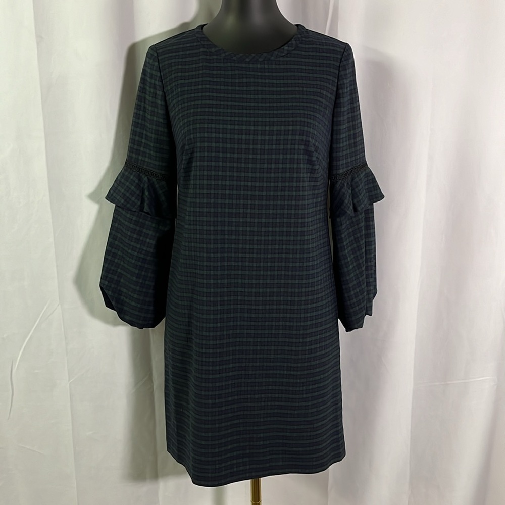 NWT LOFT Green & Blue Plaid Ruffled Bubble Sleeve Mini Dress